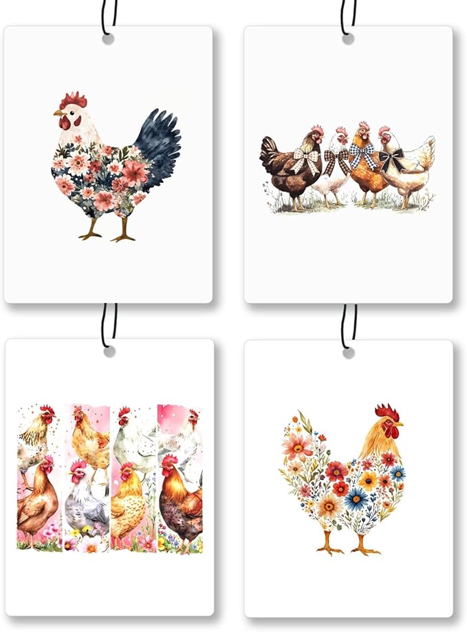 Coquette Floral Chicken Car Air Freshener 4 Pcs, Rustic Farmhouse Chicken Hanging Scents Air Freshener for Women Girls Gifts, Aesthetic Scented Car Accessories Decor for Room Closet Drawer