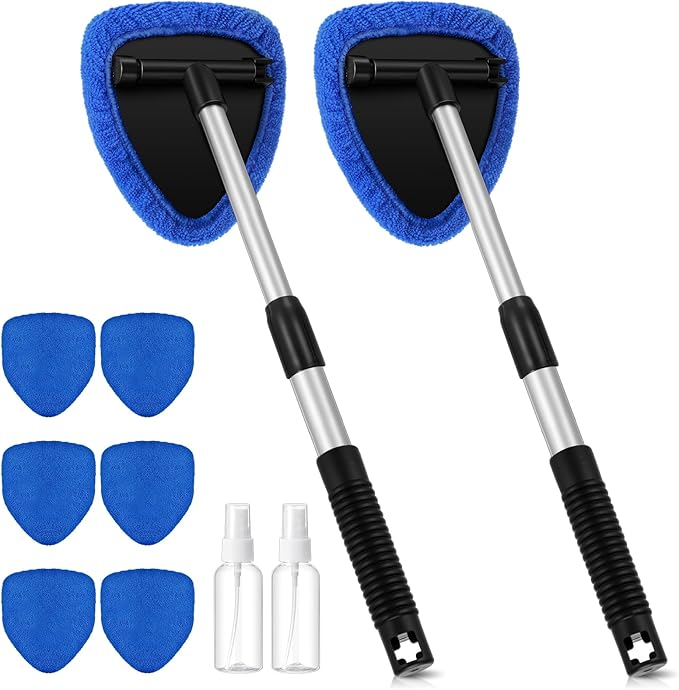 Baderke 10 Pcs Windshield Cleaner Tool Car Window Cleaning Supplies with Extendable Handle Include 6 Washable Microfiber Bonnets 2 Empty 60ml Spray Bottle Glass Wiper Kit(Royal Blue)