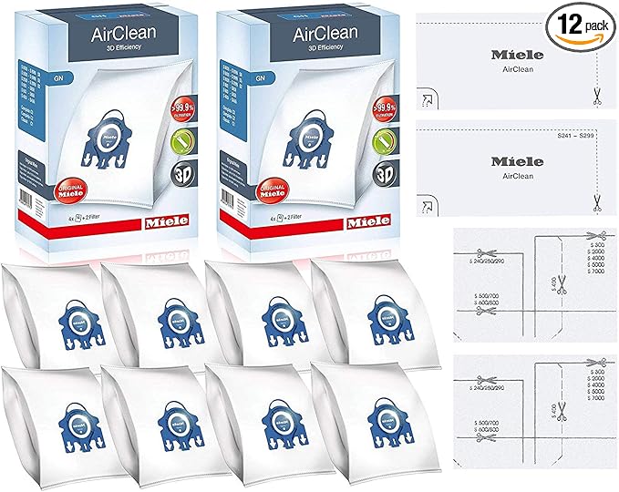 Miele GN AirClean 3D Efficiency Vacuum Cleaner Bags - 2 Boxes - Includes 8 Genuine Airclean GN Bags + 2 Genuine Super Air Clean Filter + 2 Genuine Pre-Motor Protection Filters