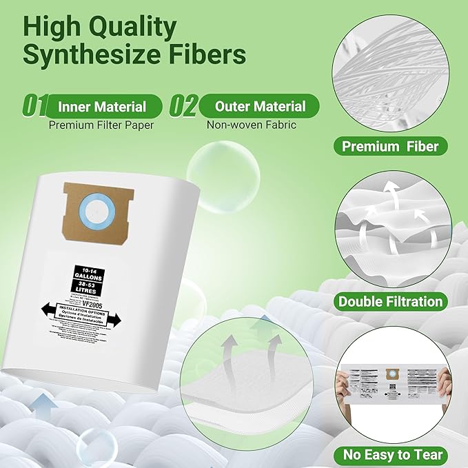 5 Pack Vacuum Bags Replacement for Shop Vac Bags 10-14 Gallon Type F 90662 9066200 9066233 and Type I 90672 9067200 9067233, PETOX High-Efficiency Disposable Vaccum Collection Filter Bags