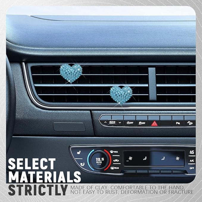 2PCS Bling Heart Air Vent Clips, Heart Shaped Crystal Air Freshener Vent Clips, Rhinestone Air Conditioning Outlet Clip, Universal Interior Decor Car Accessories for Women Girl (Blue)