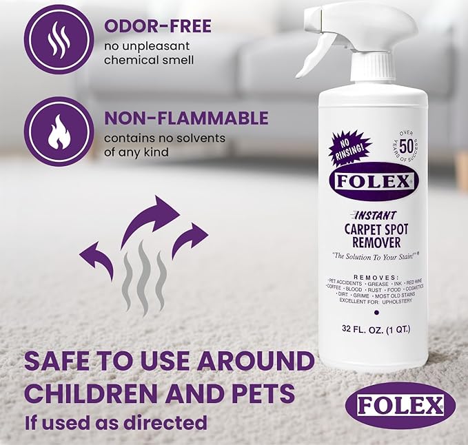 FOLEX Instant Carpet Spot Remover 32 oz – Powerful Stain Remover for Carpets, Upholstery & Rugs – Eliminates Pet Stains, Grease, Red Wine, Food, Makeup & More – With Reusable Cleaning Cloth – 2 Pack