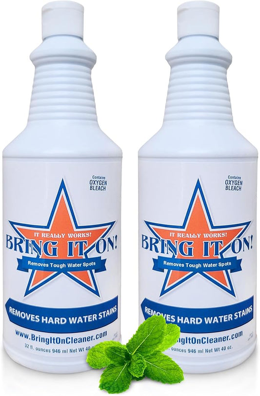 BRING IT ON! CLEANER Hard Water Stain Remover for Glass, Soap Scum remover for Shower glass, Fiberglass, Windows, Tile & Grout, Water Spot Remover for Bathroom, Lime Scale & Sink 32Oz 2Pack