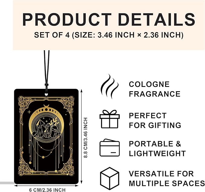 Boho Witchy Tarot Card Car Air Freshener 4 Pcs, Mystical Abstract Black and Gold Celestial Air Freshener Hanging for Cars Books Closet Drawer, Witchy Car Accessories for Women Men