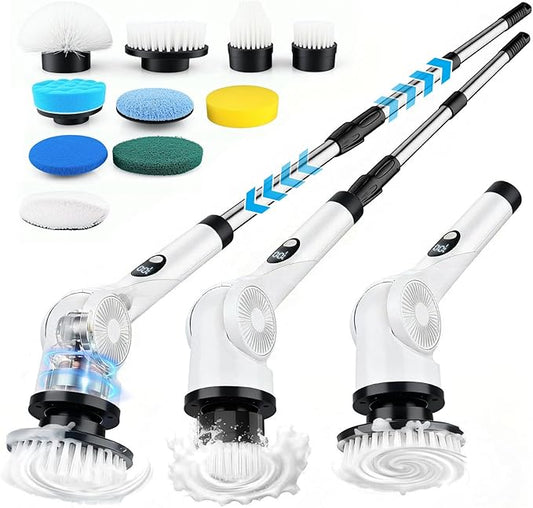 Electric Spin Scrubber, 3-Speed Cordless Shower Scrubber with 90° Adjustable & 10 Replaceable Brush Heads, 90 Mins Runtime & Full-Body IPX7 Waterproof Shower Cleaner Brush with Long Handle