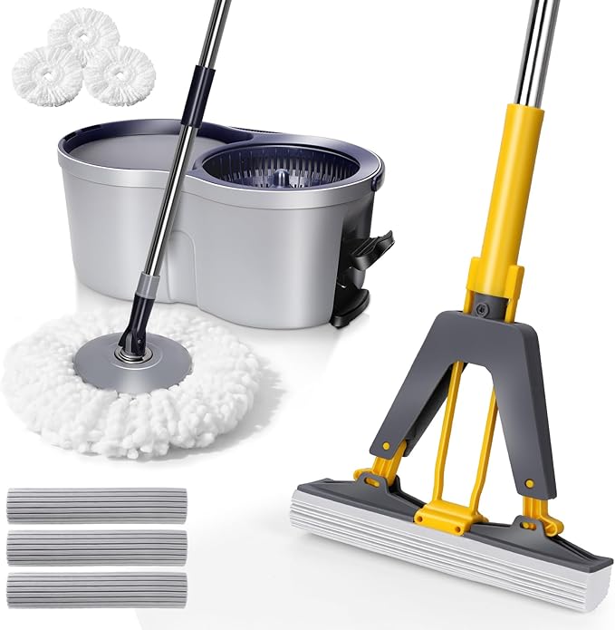 Masthome EasyWring Microfiber Spin Mop with 3 Mop Pads & Sponge Mop with 3 Absorbent PVA Mop Refills for Floor Cleaning