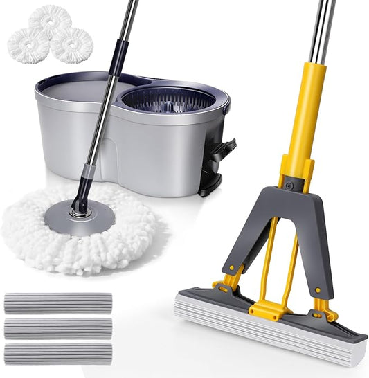 Masthome EasyWring Microfiber Spin Mop with 3 Mop Pads & Sponge Mop with 3 Absorbent PVA Mop Refills for Floor Cleaning
