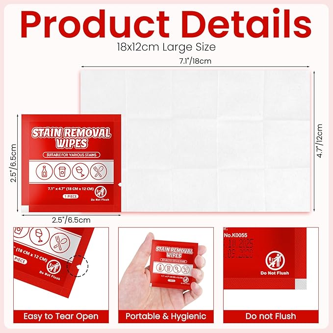 Stain Remover Wet Wipes Bulk, Individual Wrapped Clothes Portable Travel Messy Eater Cleaning Laundry Stain Removal Wipes Pocket Size for Clothing Fabric/Shoes/Wine/Fast Food 7.1 x 4.7 Inch (Red 200)