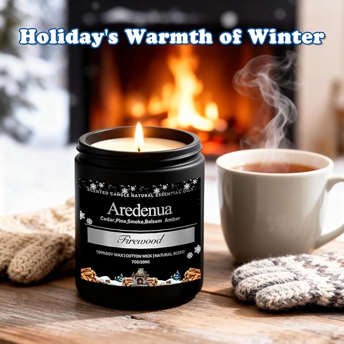 Firewood Candle – Winter Candles | Holiday Scented Candles, 7oz Jar Soy Candle for Home Scented - 50H Burn - Smoky Fireplace Cozy & Warm Scent, Aromatherapy Gifts for Women & Men, Rustic Holiday Décor