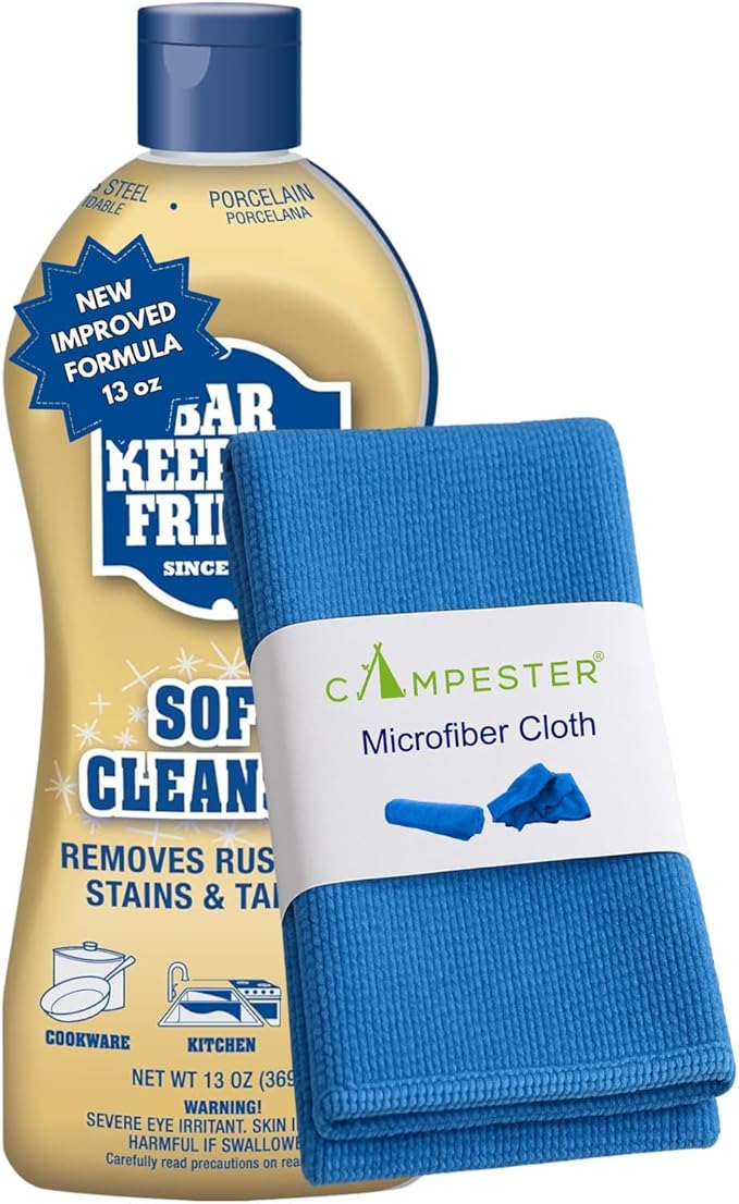 Campester Microfiber Cleaning Cloth Bundle for Bar-Keeper's Friend Soft Cleanser 13 Oz and Removes Rust, Lime Stains, Tarnish. Ideal for Stainless Steel, Ceramic, or Tile. Kitchens Or Bathrooms