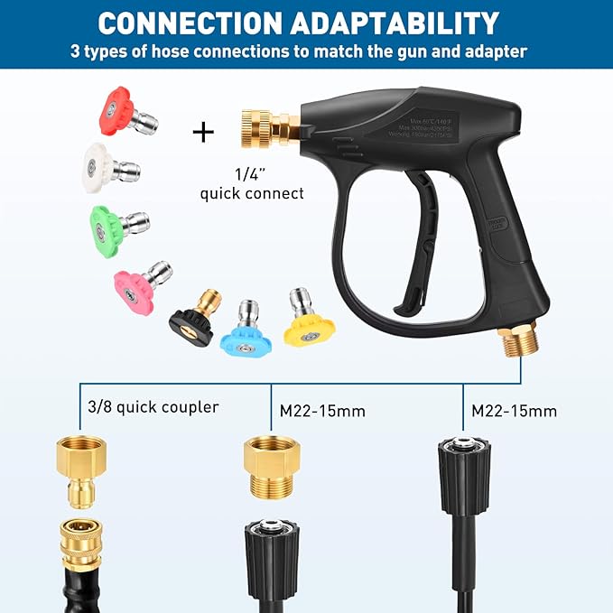 Pressure Washer Short Gun with Foam Cannon, 3/8" Thread x Quick Socket, M22-15mm to M22-14mm Adapter, Power Washer Gun with 7 Nozzles, Wash Kit Accessories for Cars, Driveway, Yard