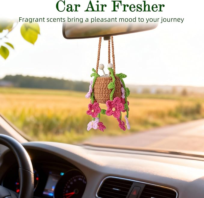 Crochet Car Air Freshener, 8 ml Empty Refillable Oil Diffuser Bottle with Hanging Crochet Red Daisies Plant & Hanging Tools, Car Rearview Mirror Diffuser for Wall Art & Home & Office Decoration