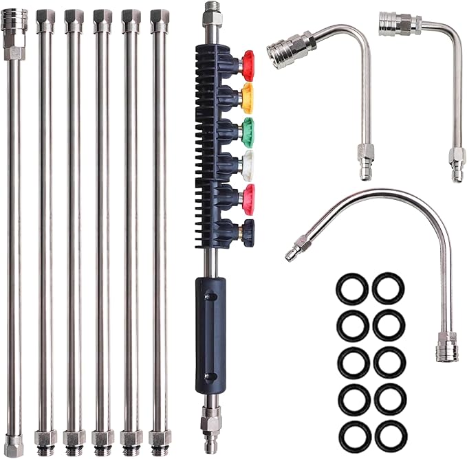 Xiny Tool Pressure Washer Extension Wand, 10 Pack Power Washer Lance with 6 Atomization Nozzle Tips,1 Gutter Cleaner Attachment Curved Rod, 1/4" Quick Connect, 4000 PSI