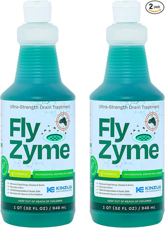 Kinzua Environmental Fly-Zyme, Highly Concentrated Enzyme Drain Cleaner for Pipes & Fruit Flies, Citronella Scented Organic Waste Degrader & Odor Neutralizer, 32 fl oz, Pack of 2