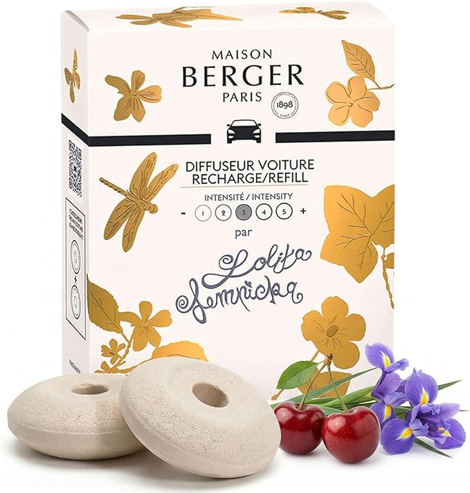 Maison Berger Luxury Car Diffuser Refill Set – Ceramic Inserts for Vent Clip Diffusers, 4-Week Passive Diffusion, Premium In-Car Fragrance Refill, Made in France (Lolita Lempicka)