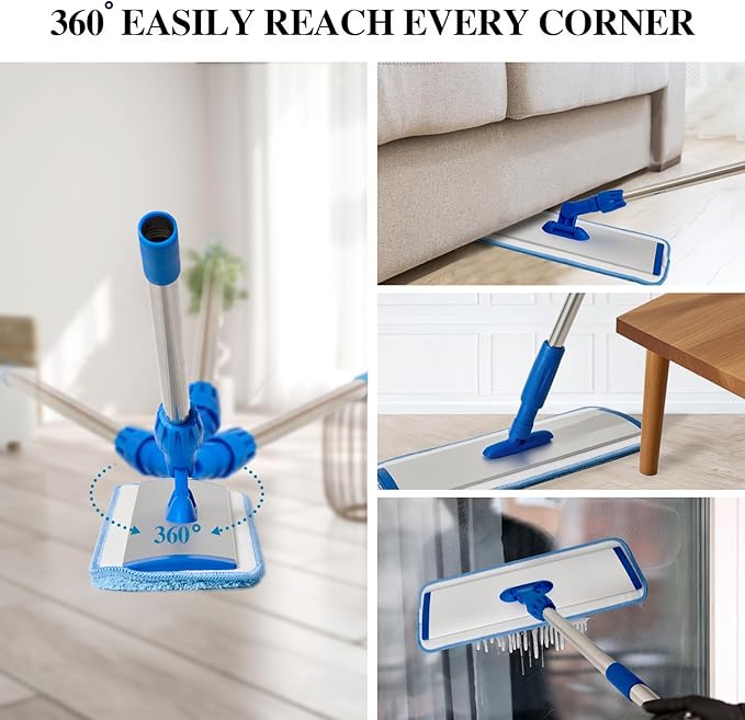 17.5'' Microfiber Mop for Floor Cleaning-Blue Flat Floor Mop with 58'' Stainless Steel Handle- 4 Reusable Washable Replacement Pads-Wet & Dry Use for Hardwood Tile Laminate-Home Kitchen Bathroom