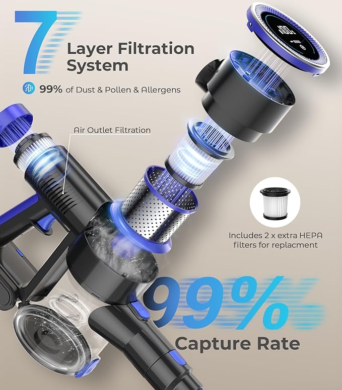 Cordless Vacuum Cleaner, 550W 50KPa 45Mins Vacuum Cleaners for Home, Self-Standing Stick Vacuum with Anti-Tangle Brush & LED Display for Hardwood Floors, Carpet, Pet Hair, Car