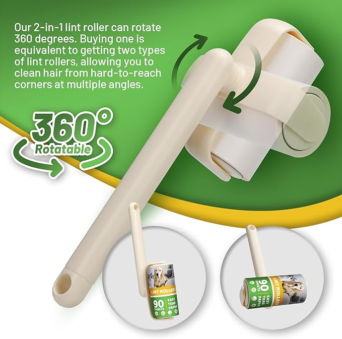 Lint Roller 2-in-1 Rotatable Handle Pet Hair Remover for Laundry Dog Hair, Cat Hair, Animal Fur, Fuzz Extra Sticky Roller for Couch, Clothes, Furniture and Carpet (5 Pack)