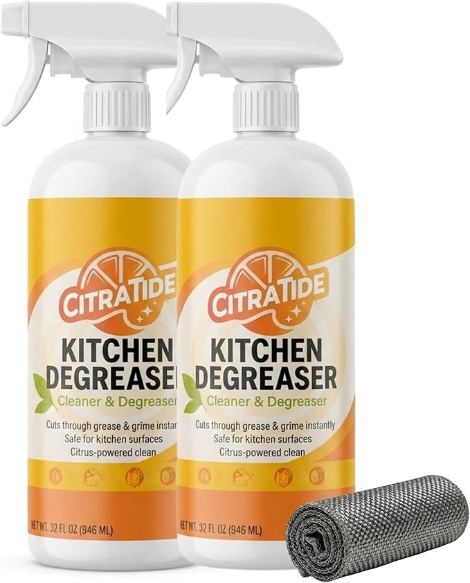 Kitchen Degreaser Spray – Heavy Duty Plant-Based Citrus Cleaner for Countertops, Stovetops & Appliances – Non-Toxic, USA Made Value Pack (2 Bottles) + FREE Odor-Resistant Scrub Towel