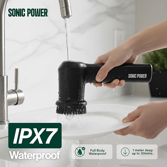 Electric Spin Scrubber – Handheld & Ergonomic, IPX7 Waterproof, 4 Multi-Purpose Brush Heads, Long-Lasting Rechargeable Battery – Cleans Dishes, Bathroom, Tile, Grout & Kitchen (Black)