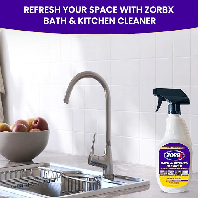 ZORBX Bathroom & Kitchen Odor & Stain Remover Spray (24 oz) - Extra-Strength All-Purpose Floor Cleaner W/Scrub-Free Formula - Fast-Acting Surface Cleaner, Countertop & Sink Cleaning Degreaser