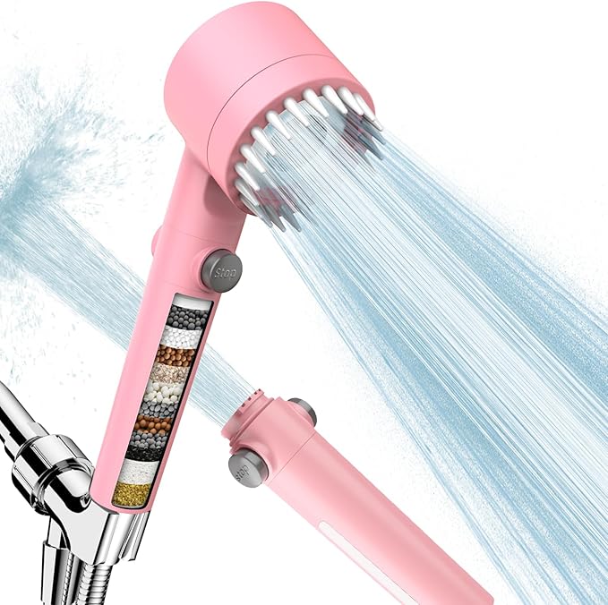 Filtered Shower Head with Handheld, High Pressure Water Flow and Multiple Spray Modes Shower Head with Filter, Power Wash for Hard Water, Showerhead with ON/OFF Switch for Pets Bath (Pink)