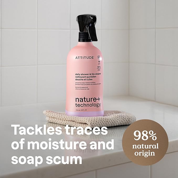 ATTITUDE Shower & Tile Cleaner Spray, EWG Verified, Bathroom Cleaner Removes Soap Scum & Grime, Plant-Based & Vegan, Lemon & Rosewood Scent, 26 Fl Oz