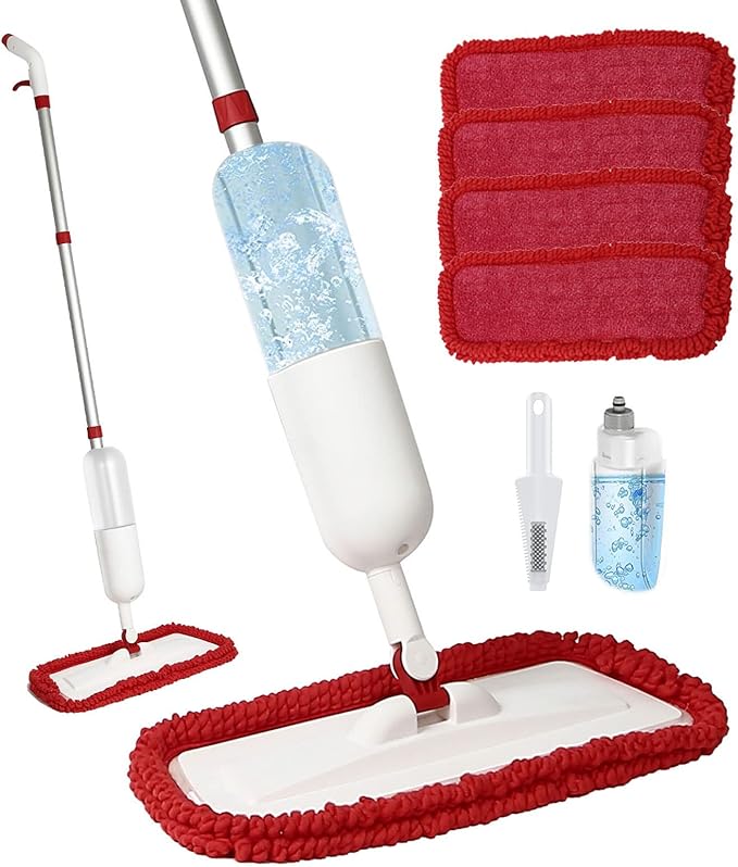 Spray Mop for Floor Cleaning, Wet Dry Microfiber Mop with 4 Washable Pads 650 ml Refillable Bottle and 1 Scraper for Home Kitchen Hardwood Laminate Wood Vinyl Ceramic Tiles Wooden Floor