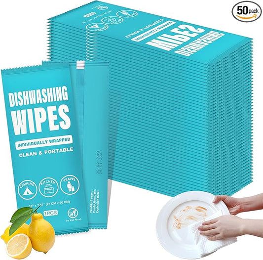 Dish Cleaning Wipes Individually Wrapped, Portable Kitchen Disposable Dish Soap Wipes Bulk Travel Size Quick Cleaning Dishwashing Pads for Outdoor Traveling/Camping/Hotel (50 Pcs)