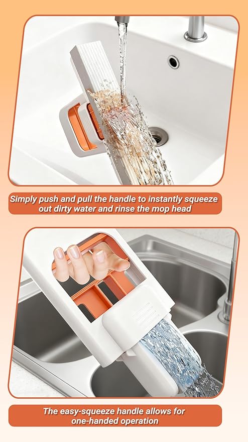 Self-Squeeze Mini Mop & Crevice Brush Set, Cleaning Tool for Small Spaces, Hard Bristle Brush for Tile Grout, Window Tracks, Kitchen, Bathroom & Car (Orange)