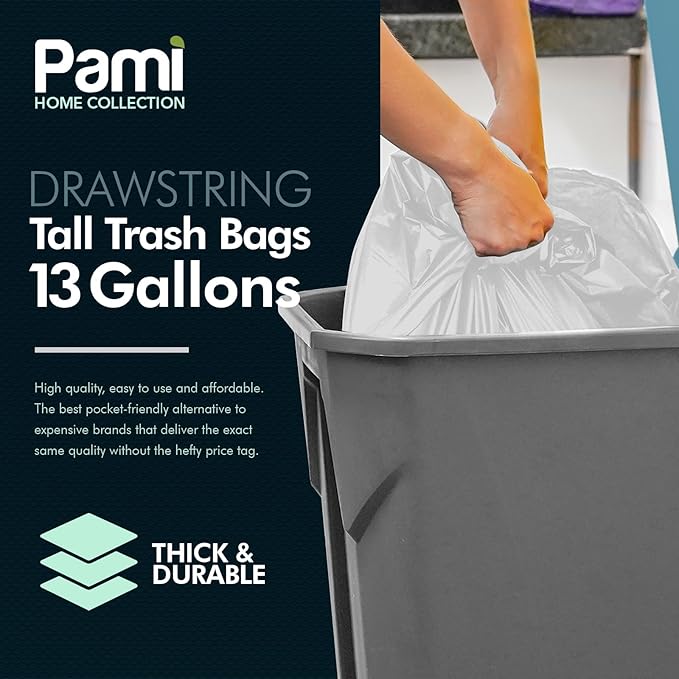 PAMI Extra-Strong 13 Gallon Unscented Tall Kitchen Garbage Bags with Drawstring, for Indoor & Outdoor Use (White - 50 Pack 1 Count (Pack of 1))