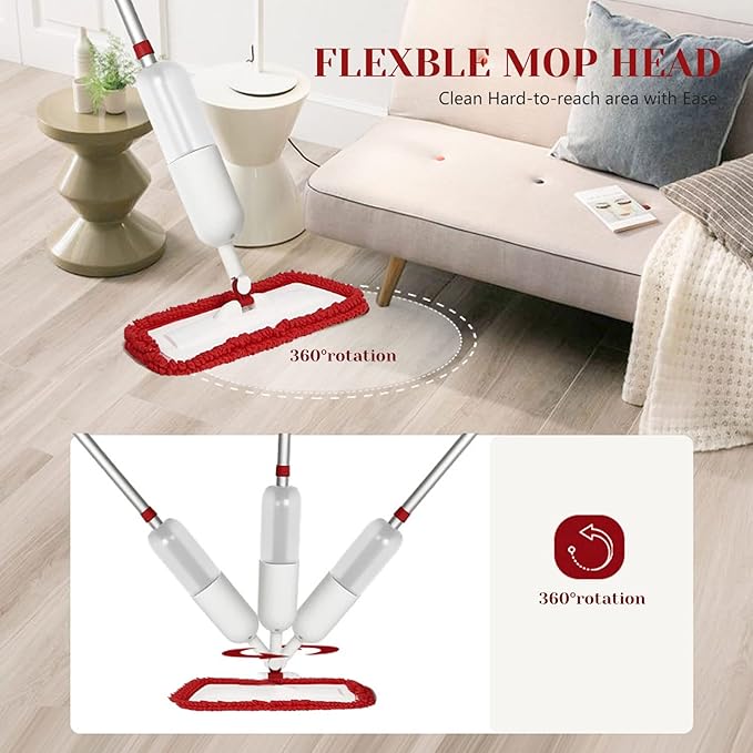 Spray Mop for Floor Cleaning, Wet Dry Microfiber Mop with 4 Washable Pads 650 ml Refillable Bottle and 1 Scraper for Home Kitchen Hardwood Laminate Wood Vinyl Ceramic Tiles Wooden Floor