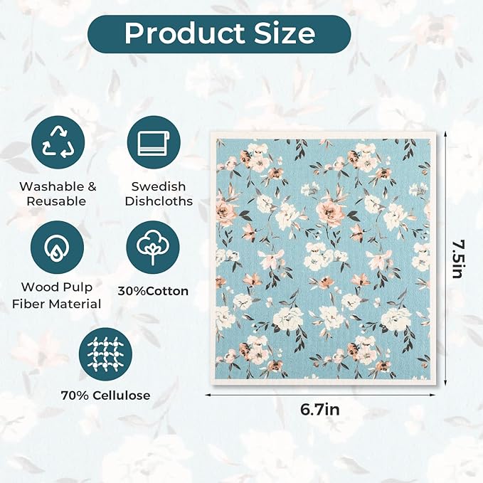 5PCS Swedish Dishcloths for Kitchen, Reusable Dish Rags for Washing Dishes with Clips, Non-Scratch Kitchen Towels and Dishcloths Sets, Washable Swedish Dish Cloths, No Odor(Plant)