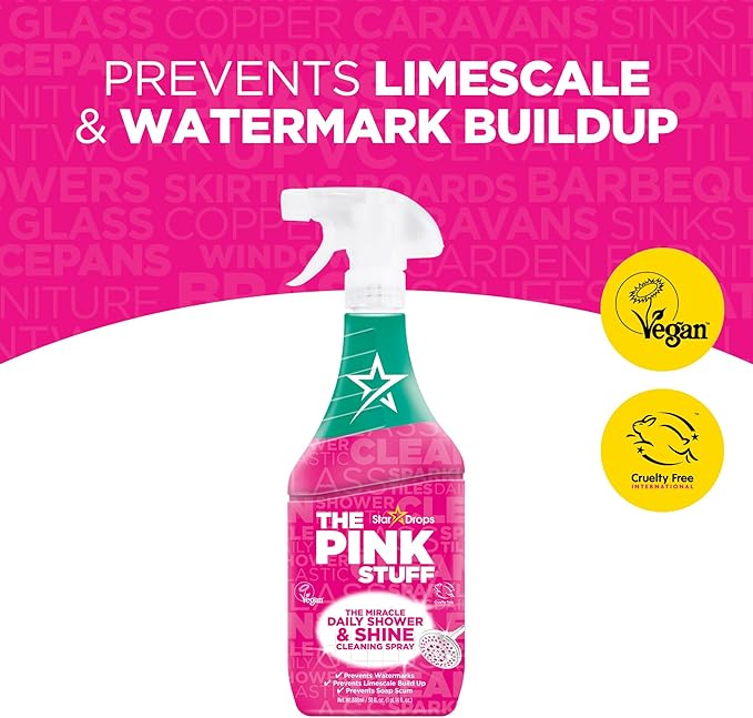 The Pink Stuff Miracle Daily Shower & Shine Spray – 30oz Bathroom Cleaner for Glass,Tile,Mirrors & Chrome – Prevents Soap Scum-& Watermarks-– No Rinse Spray-& Leave Formula,(Pack of 2)