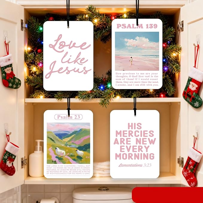 4 Pcs Pink Christian Car Air Fresheners, Bible Verse Hanging Fresheners for Women, Religious Inspirational Decor, Floral Scripture Mirror Fresheners for Car, Closet & Gift Use (Pink Christian)