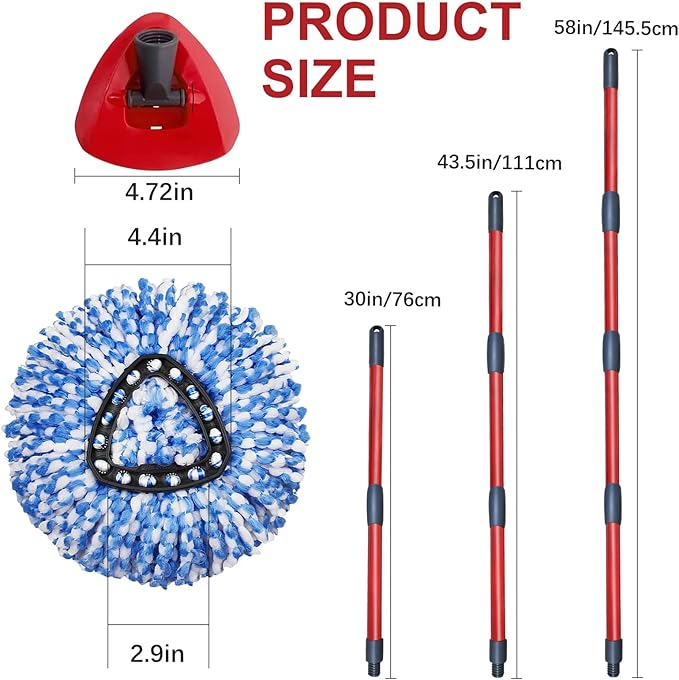 Mop Replacement Head, Base, Handle Replacement for O-Ceda EasyWring Microfiber Spin Mop, 2 Microfiber Mops Refills, 1 Triangle Mops Head Cover and 30-58in Mop Handle Set Combo
