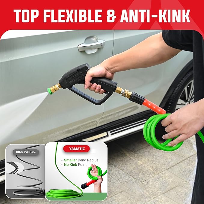 YAMATIC Short Pressure Washer Gun and Hose, 25 FT Flexible Hose with Stubby Power Washer Trigger Handle, 3/8" Swivel Quick Connect & M22-14mm Adapter Replacement for Ryobi Simpson Craftsman (Green)