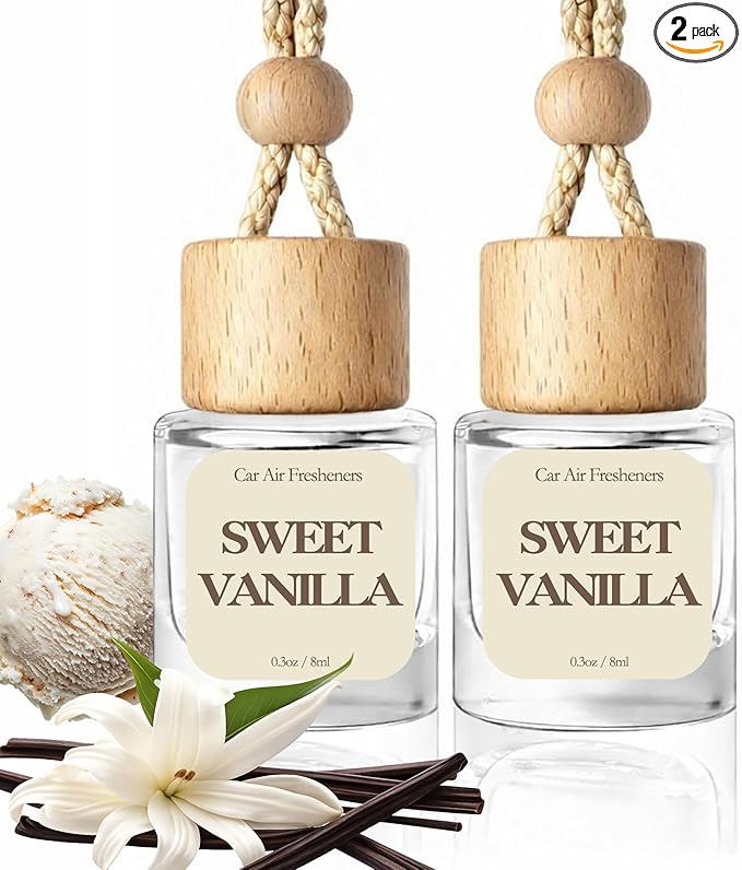 Car Air Freshener - Pack of 2 Vanilla Scent Hanging Car Air Diffuser - 0.27FL OZ/8ML Odor Eliminator - 60 Days Long Lasting Essential Oil Diffuser - Cars Accessories for Men & Women