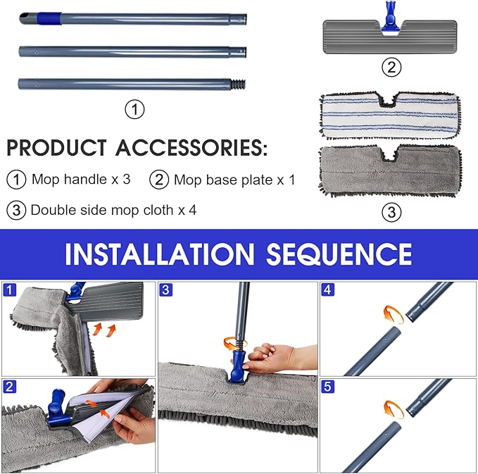 Masthome EasyWring Microfiber Spin Mop with 3 Mop Pads & Masthome Flat Flip Dust Mop with 4 Reusable Pads for Hardwood, Laminate,Tile Floor Cleaning-1 Scraper