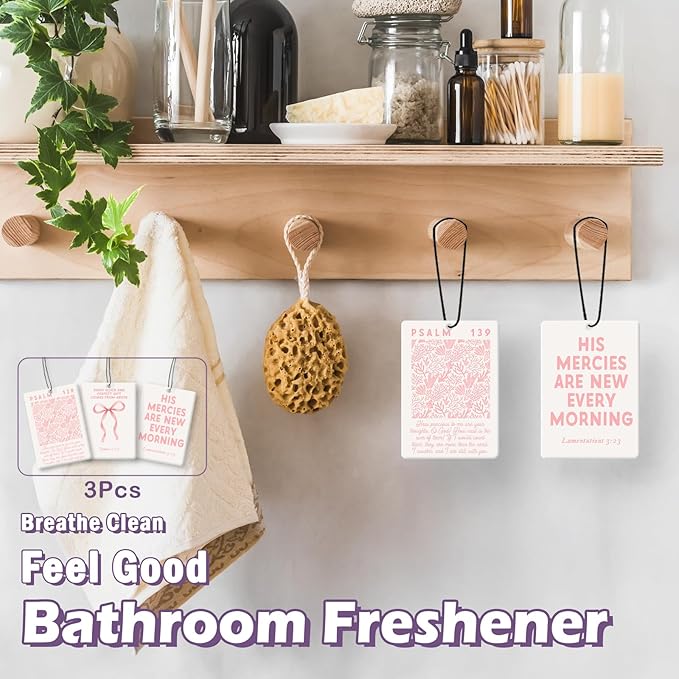 Pink Christian Girls Car Air Freshener Accessories 3pcs, Preppy Coquette Bow Hanging Air Fresheners Decor for Girly Room Closet Bathroom, Scripture Car Scent Lavender Fragrance Card for Women