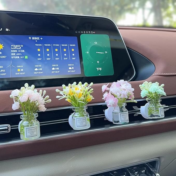 Set of 4 Cute Flower Bouquet in Glass Vase Car Air Freshener Vent Clips, Mini Artificial Flowers for Car Air Vent Decoration, Auto Interior Dash Ornament Accessories
