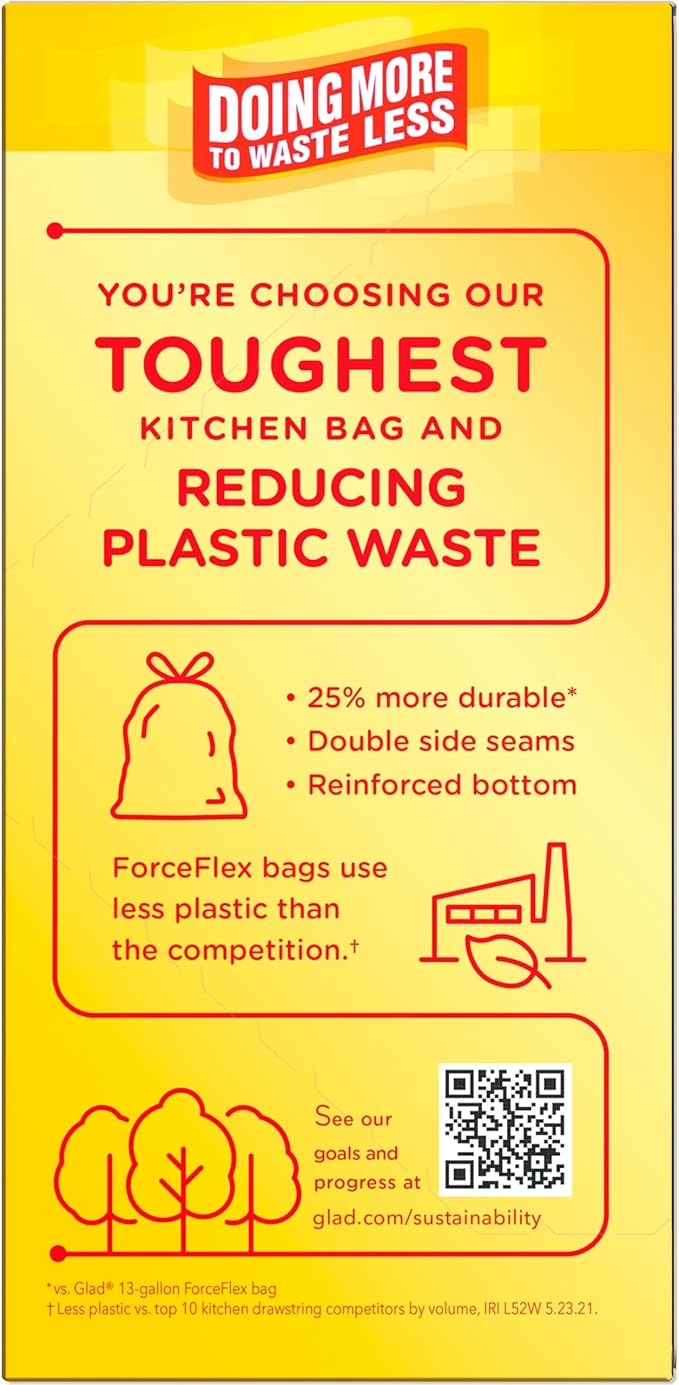 Glad Trash Bags, 13 Gallon, 34 Count (Pack of 2) | ForceFlex MaxStrength | Tall Kitchen Drawstring | Beachside Breeze Scent