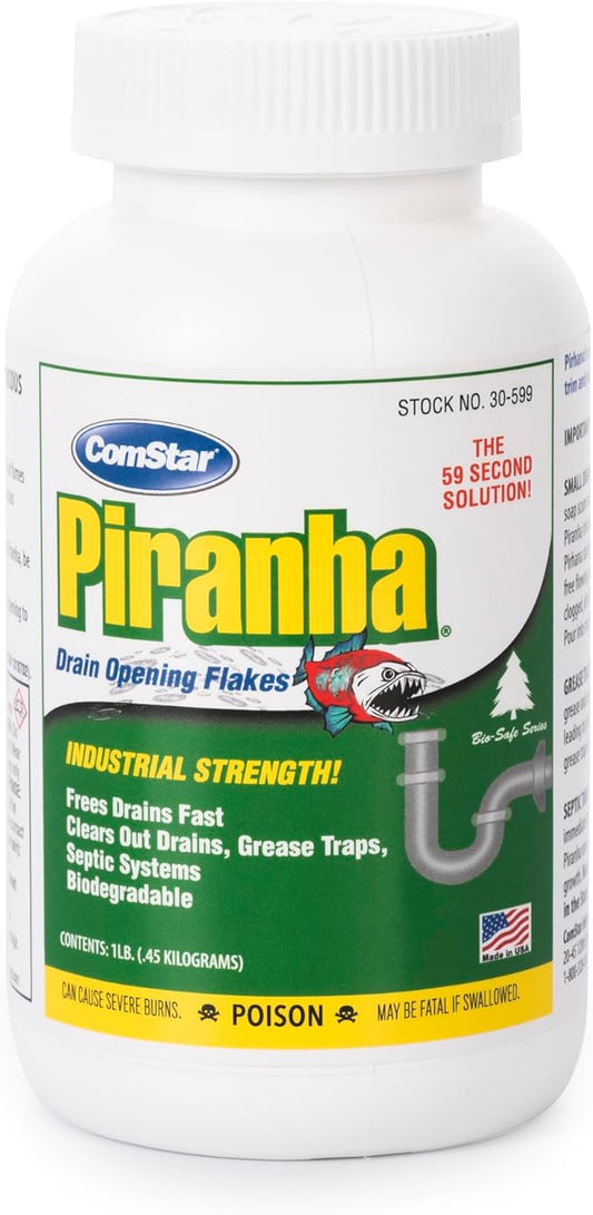 ComStar Piranha - Crystal Flakes,1 Pounds, Non-Acid Drain Cleaner That Dissolves Grease, Hair & Root Growth in Sewer Lines Instantly, Made in USA (30-599)