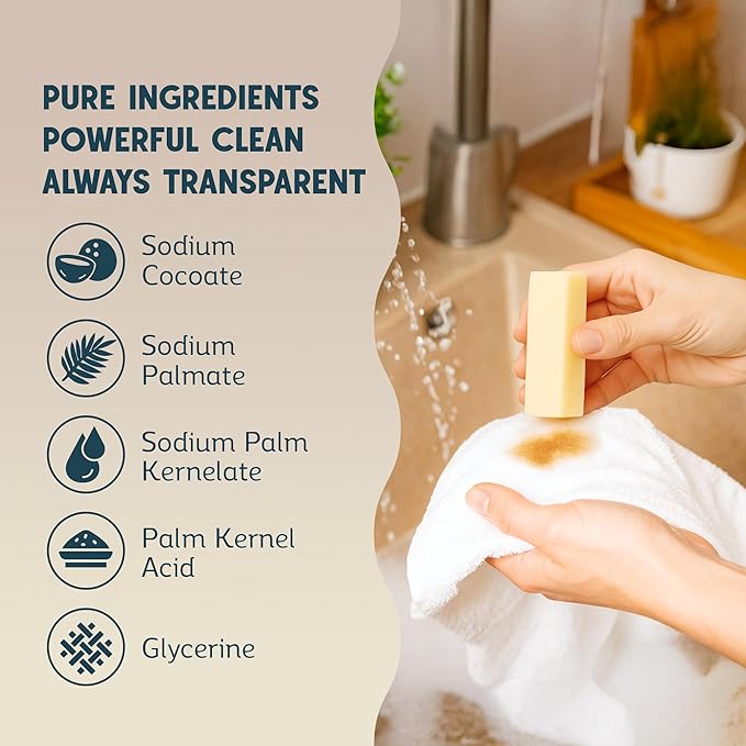 QLEAN Vegan Stain Remover Bar for Fabrics, Laundry Bar Soap for Clothes – Plant-Based, Travel-Friendly Stain Remover for Grease, Wine, Coffee, Grass & More – Non-Toxic & Safe for Delicates (1)