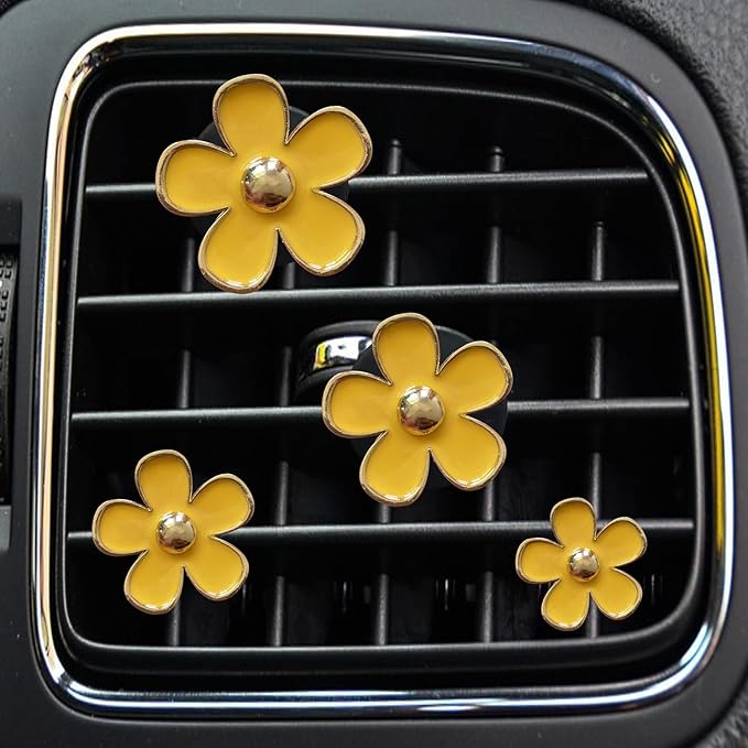 Daisy Air Vent Clips, 4 Pcs Cute Flower Car Air Conditioning Outlet Clip Car Air Freshener Clip Charm Car Inter Decor Accessories for Women (Yellow)