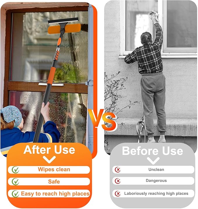 4FT Window Squeegee with Extension Pole, 2-in-1 Squeegee for Window Cleaning, Professional Cleaning Kit for Home with 4FT Telescoping Pole for Outdoor Indoor Use