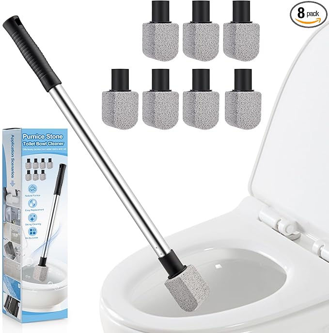 Pumice Stone Toilet Bowl Cleaner, 8 PCs Pumice Stone with 1 Extra Long Handle, 18” Hard Water Toilet Ring Remover, Pumice Stones for Cleaning Toilet, Bath, Kitchen, Pool, Sink