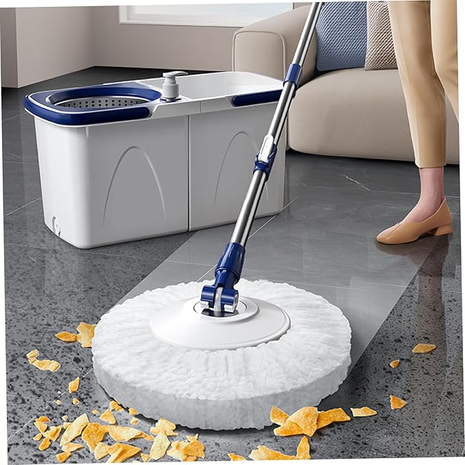 Spin Mop and Bucket Set 43-51" Telescopic Microfiber 15" Round Mop with Wringer, 2 Pads & Detachable 2 Compartment Bucket with Draining Hole for Home ...