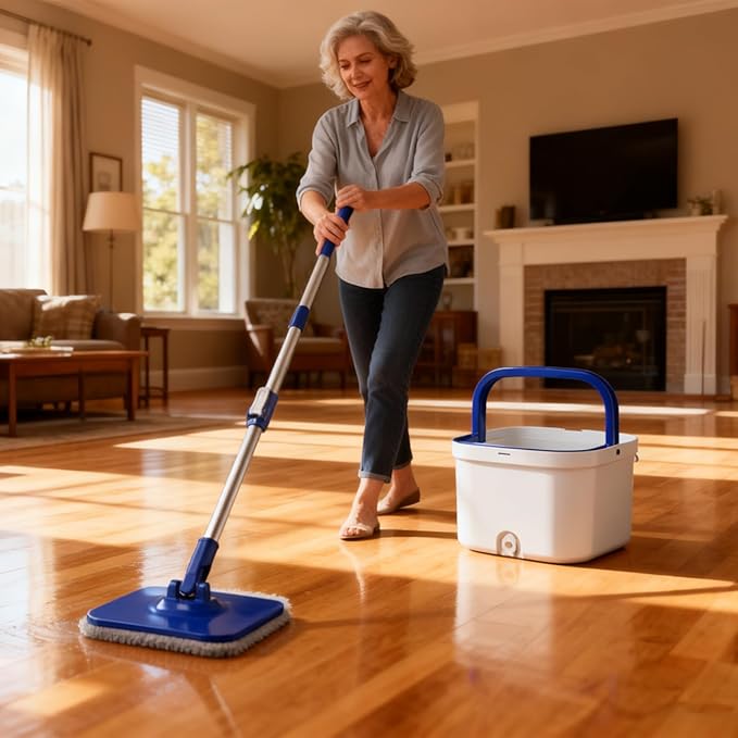 Spin Mop and Bucket Set - Adjustable Rotating Floor Mop | 360 Degree Rotating Floor Cleaner, Non Slip Grip Household Cleaning Mops for Living Room Kitchen Bedroom Dining Room Apartment Basement