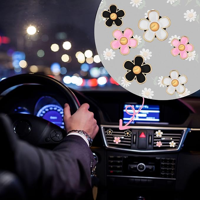 4PCS Daisy Flower Air Vent Clip Air Conditioning Outlet Clip Car Air Freshener Clip Car Interior Decor Charm Colorful Car Interior Accessories for Girls Women (Black)